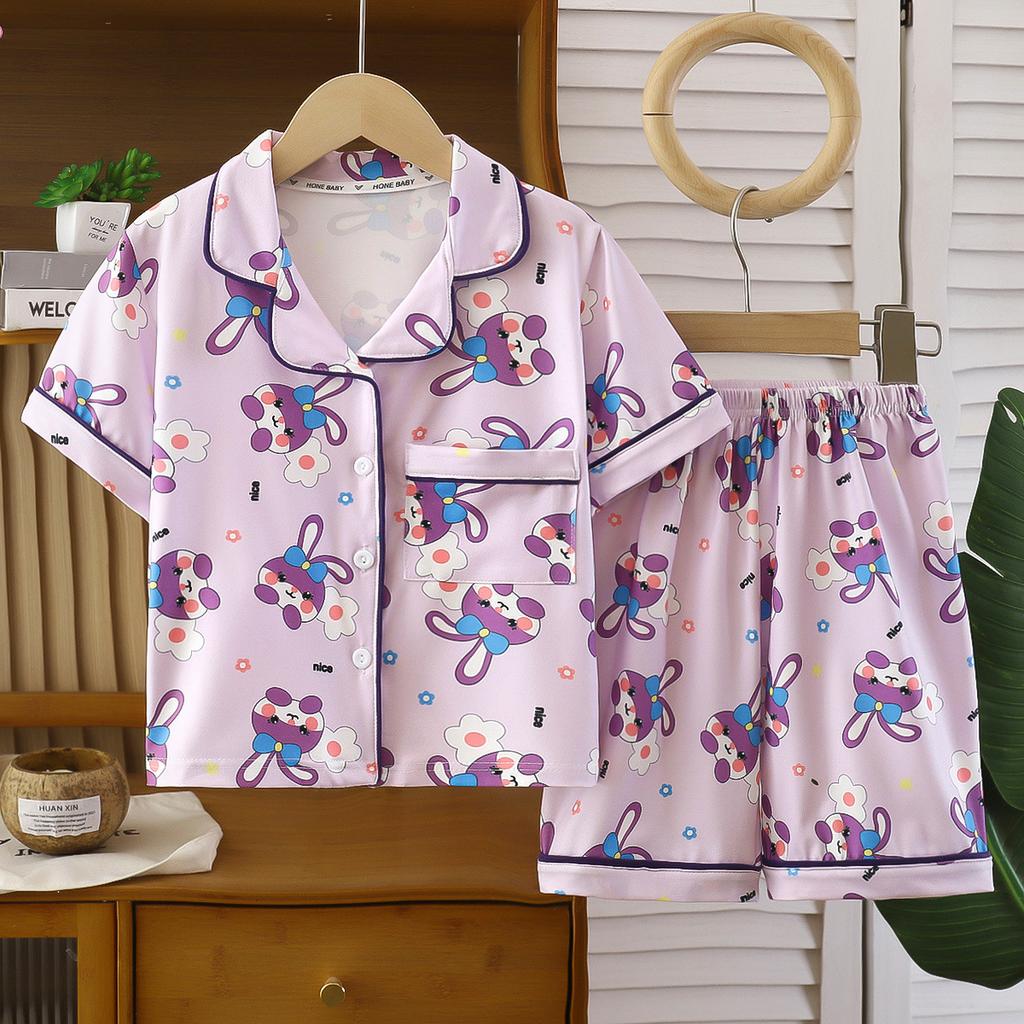 Kids Summer Cartoon Print Short Sleeve Pajama Set Thin Collar Home Wear For Boys And Girls Air Conditioned Room Sleepwear