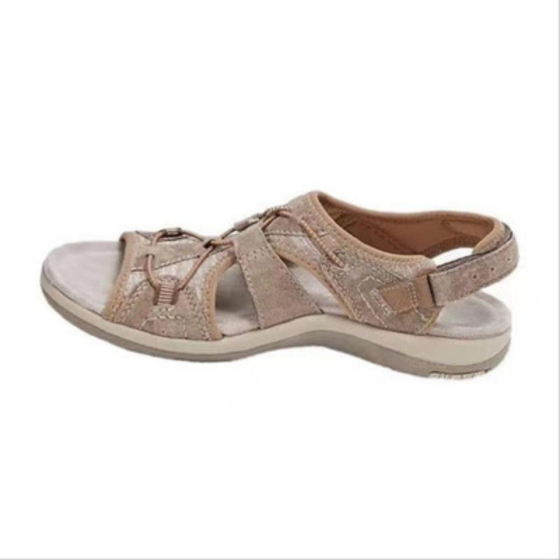 New slope heel sandals round head Velcro retro one-word large size beach solid color sandals women