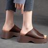 Johnature Genuine Leather Thick Soles Peep Toe Shoes Women Vintage Wedges Slides Outdoor Platform Slippers