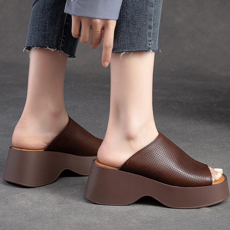 Johnature Genuine Leather Thick Soles Peep Toe Shoes Women Vintage Wedges Slides Outdoor Platform Slippers