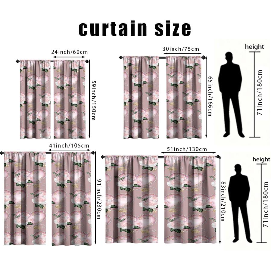 2PCS pink rose heart-shaped curtains, elegant and sweet style, bedroom and living room, decorative curtains with drawbar pockets