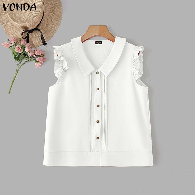 

VONDA Summer Women Sleeveless Lapel Solid Buttons Casual Tank Tops Tee M белый