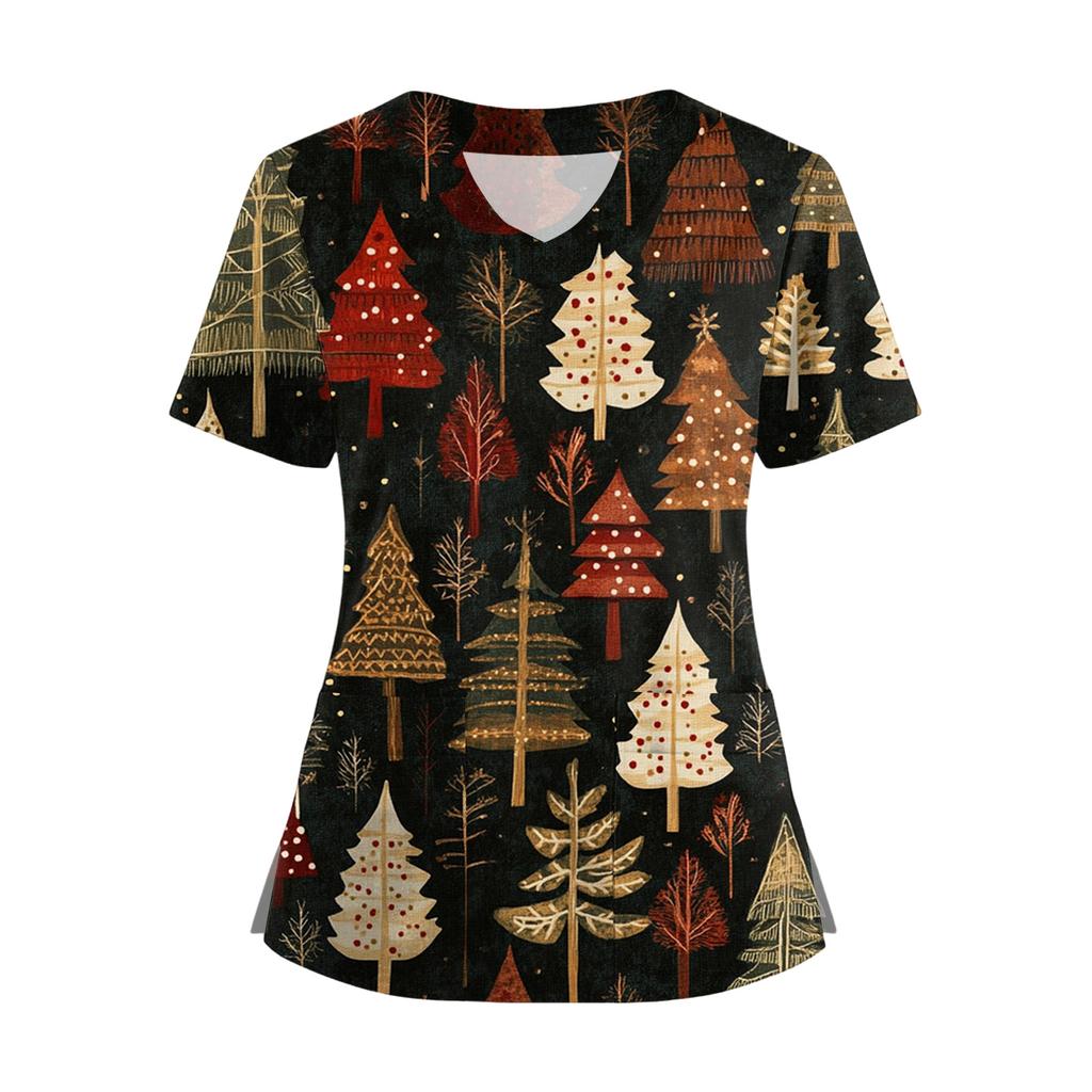Women's Short Sleeved Christmas Printed V-neck Buttonable Side Slit Top T-shirt