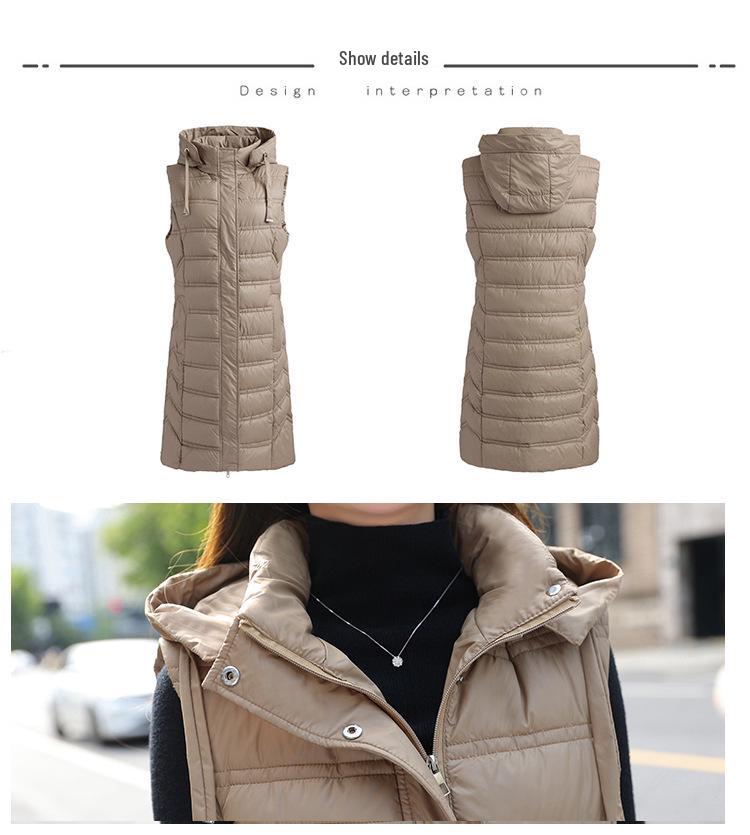 Dámská péřová vesta střední délky s kapucí - Korejský styl, Slim střih, Bezrukávová bunda na podzim/zimu