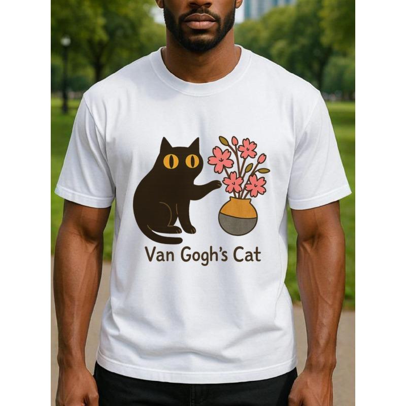 

Men s Breathable Black Cat & Flower Print T-Shirt - Loose Fit Short Sleeve Round Neck Casual Top , Machine Washable for all-Season Wear S белый