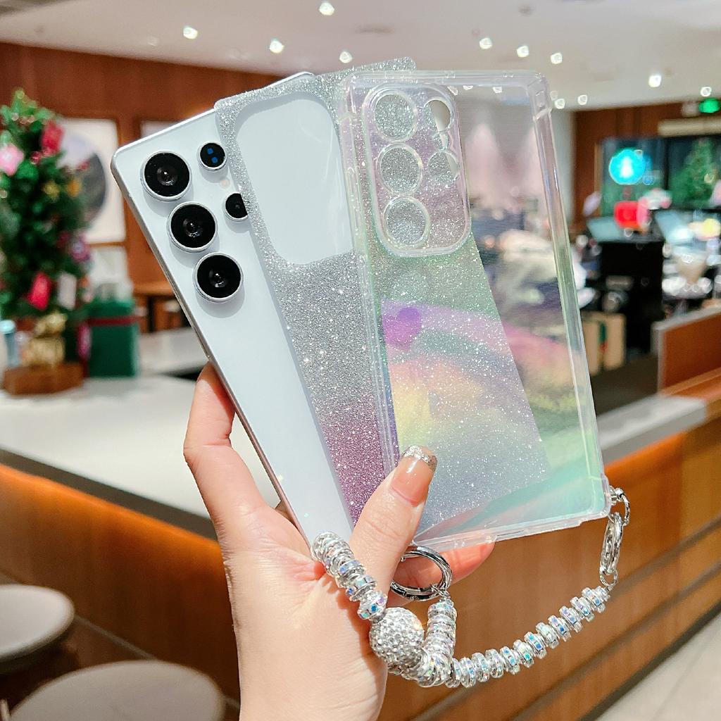 For Samsung Galaxy S25 Ultra Case Heart Glitter Gradient TPU Phone Back Cover with Rhinestones Strap