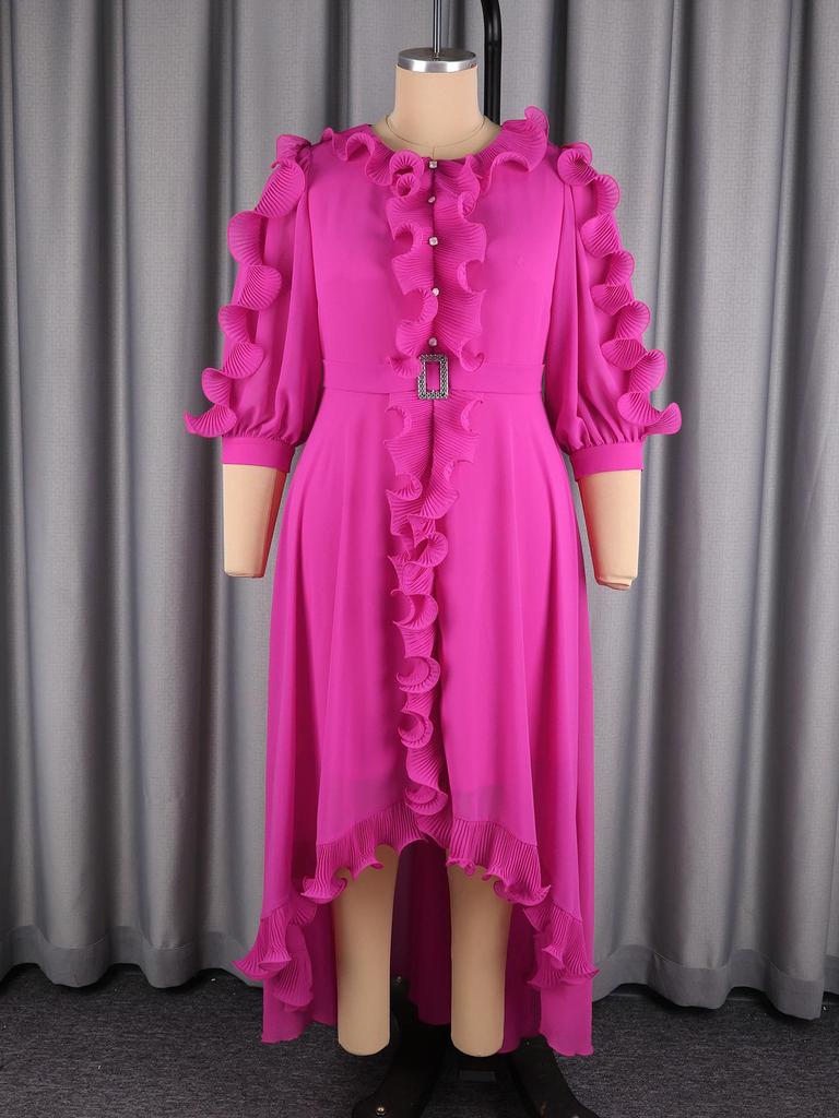 Plus Size Elegant Rose Red Chiffon Evening Gown with Ruffled Irregular Hem