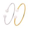 Elegant Double Pearl Titanium Steel Open Bracelet 18K Gold Plated Waterproof Cuff Bangle Jewelry for Women Sister Mother Gift