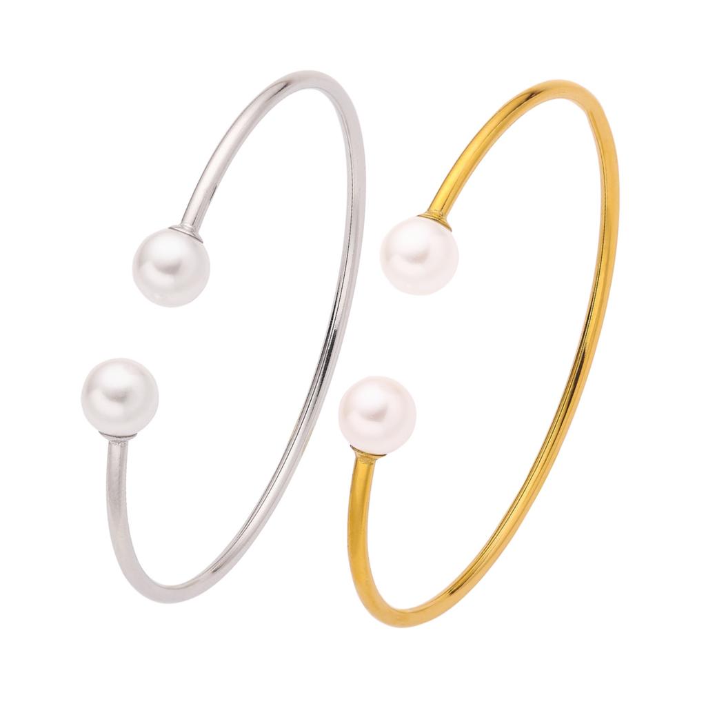 Elegant Double Pearl Titanium Steel Open Bracelet 18K Gold Plated Waterproof Cuff Bangle Jewelry for Women Sister Mother Gift