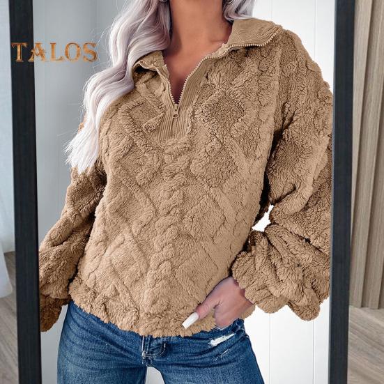 Winter Women Sweatshirt Zippered Turn-down Collar Rhombus Texture Plush Thick Long Sleeves Solid Color Keep Warm Autumn Top