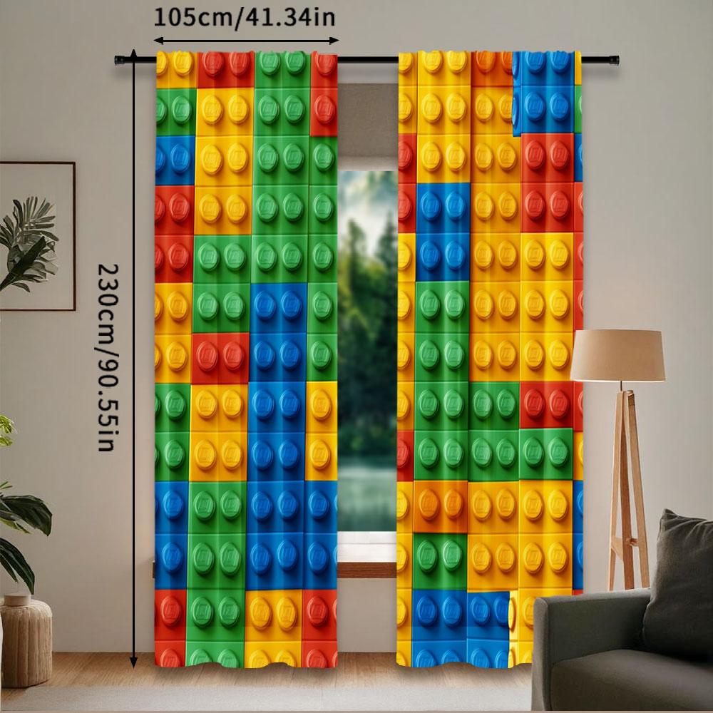 2Pcs Colorful Building Blocks Print Curtain Geometric Blocks Curtain Suitable For Bedroom Bathroom Living Room Dining Room Study