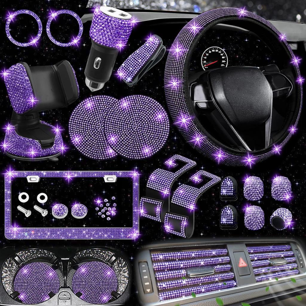 Anti-Slip Comfort Steering Wheel Cover No Inner Ring Elastic Band Diamond Rhinestone License Plate Frame Auto Interior Decoration Universal Black