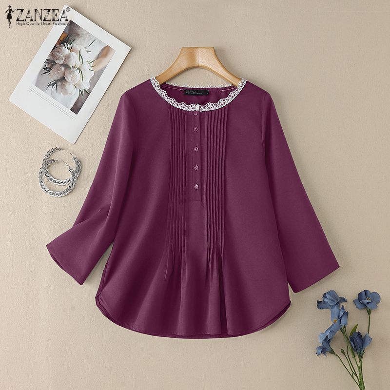ZANZEA Women Lace Splice Round Neck 3/4 Sleeve Loose Blouse