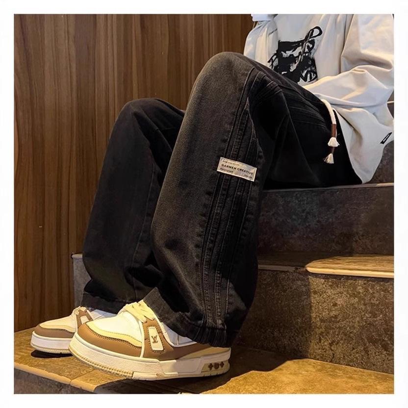 Drei Streifen Amerikanische Retro-Jeans Herren Frühling und Herbst Stil High Street Elastische Taille Locker Lässig Herren Gerade Beine Lang