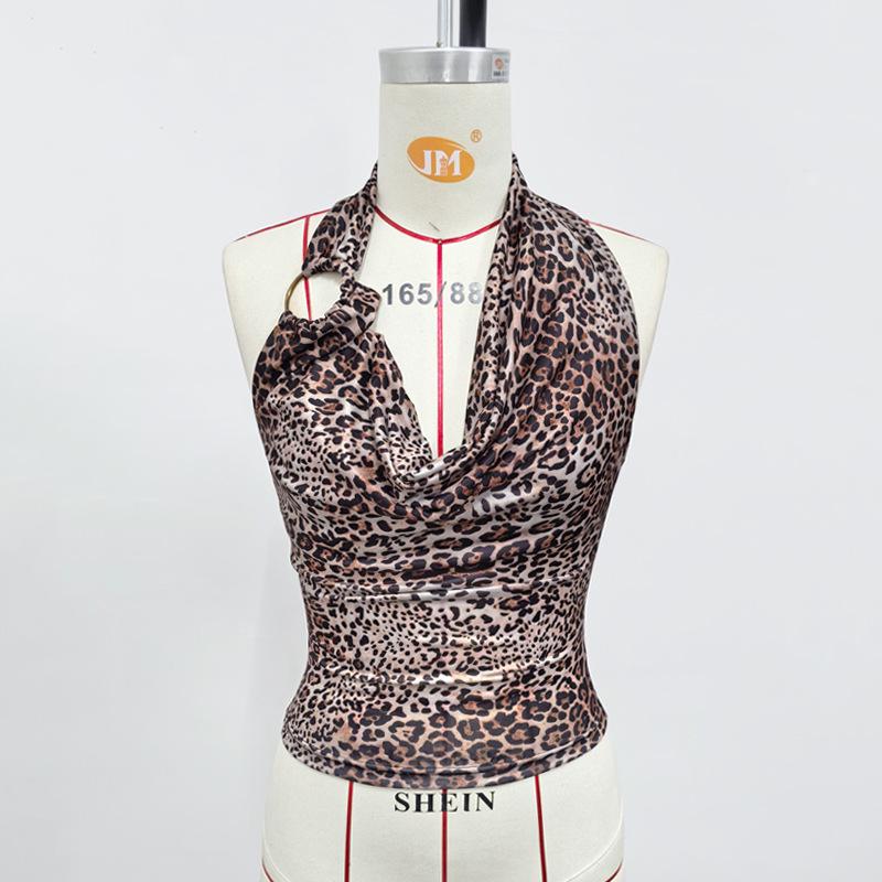 

Дерзкий топ-халтер с драпировкой на шее и леопардовым принтом - Летняя мода 2025 S цветной печати леопарда