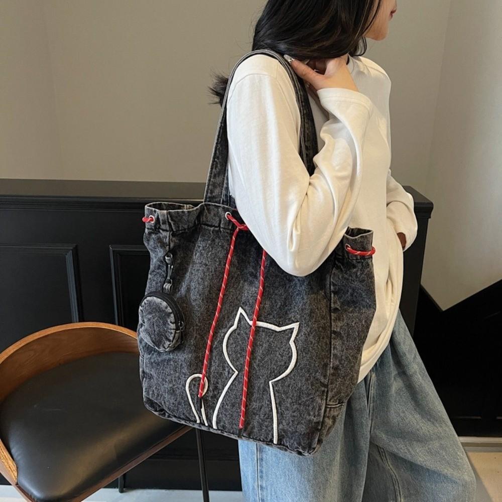 Vintage Kitty Shoulder Bags Y2k Drawstring Bag Leisure Women Tote Bags  Commuting