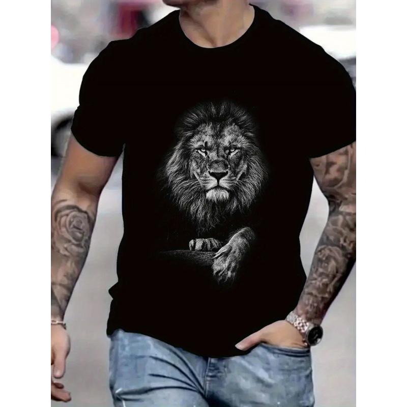 Men'S Black Graphic T-Shirt - Bold Lion Design, Soft Breathable Cotton Tee for Everyday & Formal Wear - Loose Fit Casual Shirt with Minimalist Style,