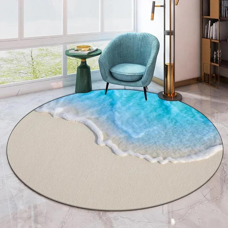 Seaside Beach Pattern Round Carpet Living Room Sofa Non-slip Floor Mat Home Decoration Bedroom Bathroom Absorbent Floor Mat