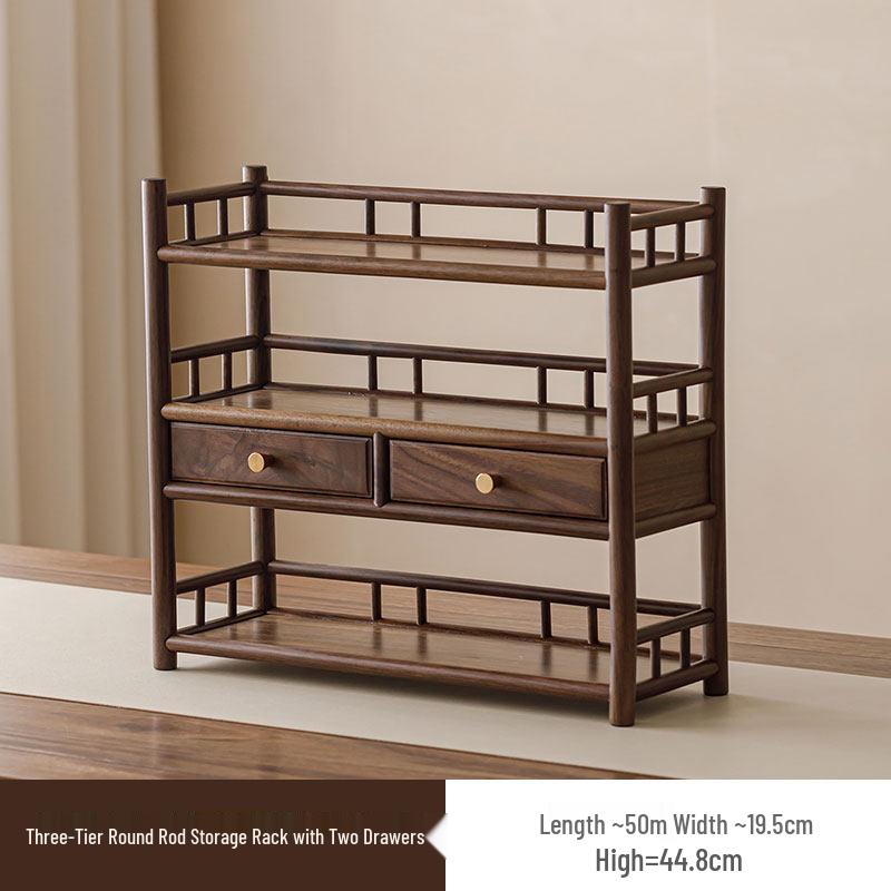Guanlan Walnut Wood Tea Table with Double Drawer and Display Shelves for Tea Pot and Cup Storage