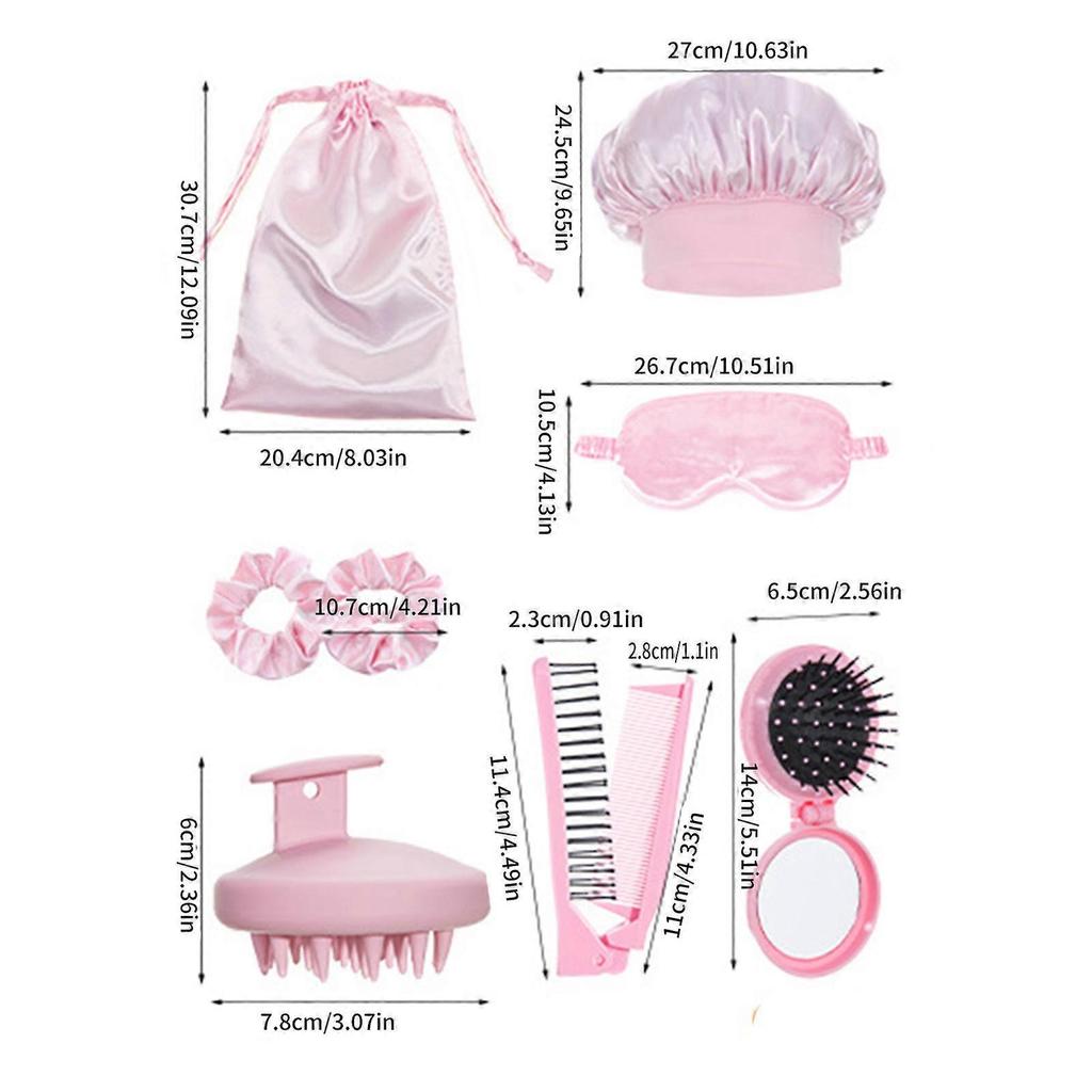 Women's 8pcs Hair Care Essential Kit Includes Silk Sleep Mask Breathable Shower Caps Portable Comb Scalp Massage Brush Multicolor