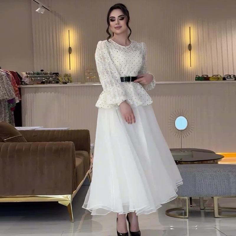 2024 Summer Polka Dot Print Top & Solid Mesh Midi Skirt Set