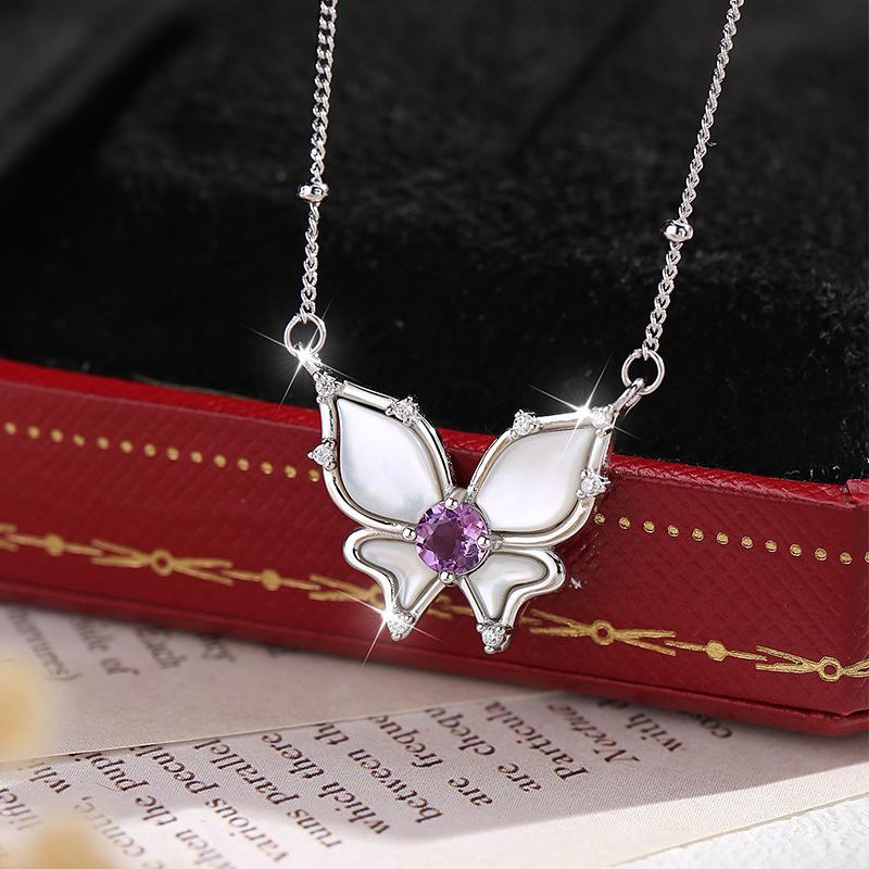 S925 Sterling Silver Butterfly Necklace, Inlaid Natural Crystal, Multi-color Optional, Elegant Clavicle Chain Jewelry for Women, Gift for Girlfriend