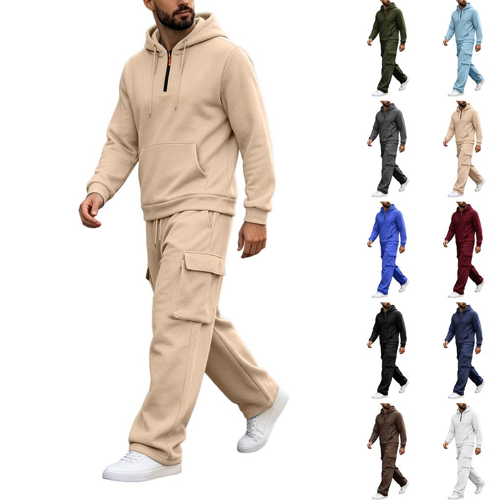 Men's Warm Lined Hooded Sweatshirt and Wide Leg Cargo Pants Set, Relaxed Fit Casual Outdoor Activewear