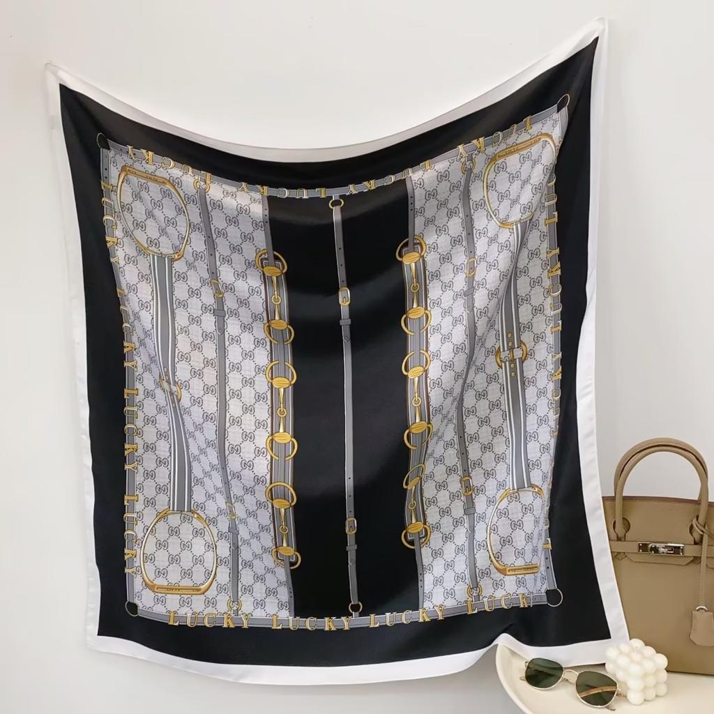 90Cm Geometric Printed Scarf Women'S Spring Summer New Imitation Silk Twill Square Scarf Temperament Versatile Headscarf Shawl