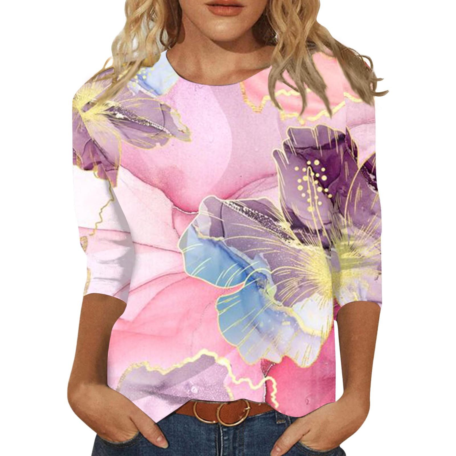 

Женская повседневная модная футболка с круглым вырезом и рукавом три четверти, топ M розовый