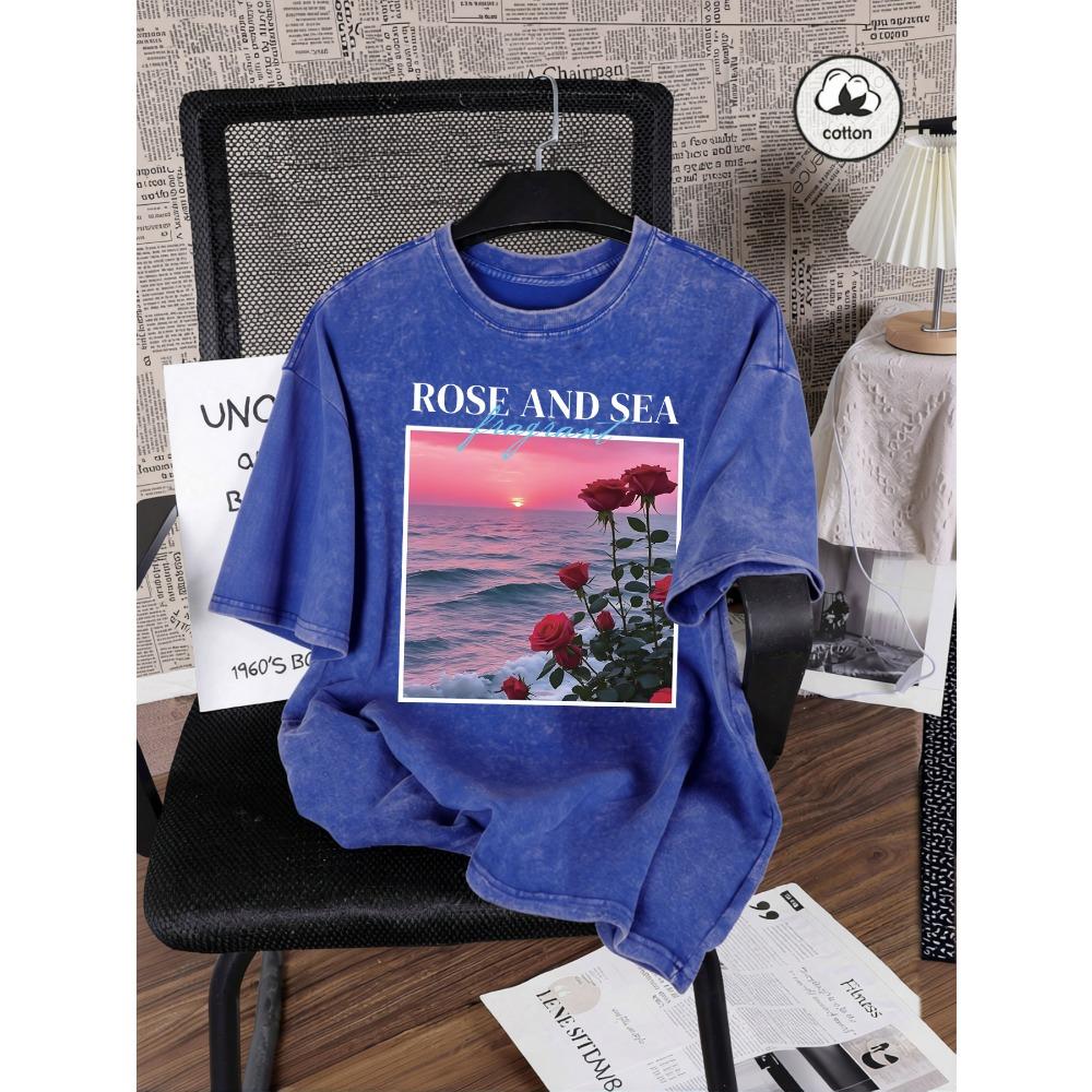 Beautiful Rose And Sea Print Washed T-Shirt Women Summer Crewneck T Shirt Y2K Loose Short Sleeve Cotton Streetwear