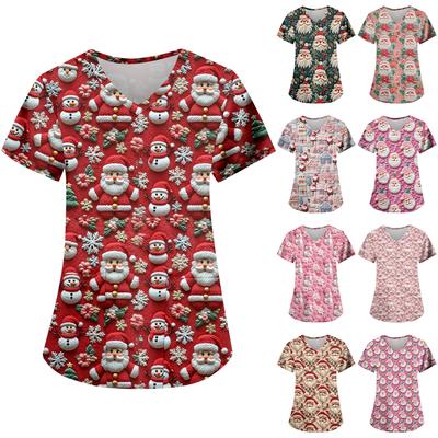 Women's Fashion Casual Christmas Print Pocket T-shirt Top