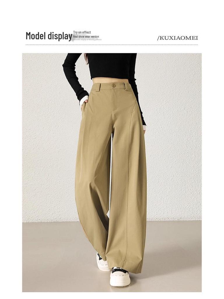 Women's High-Waisted Khaki Wide-Leg Pants with Side Pleats - Slimming, Trendy Fashion for Spring & Autumn 2025