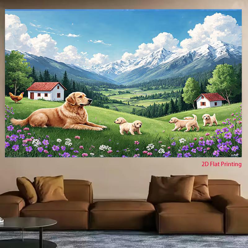 2D Puppies & Mom Backdrop Countryside Meadow Photography Background Cloth