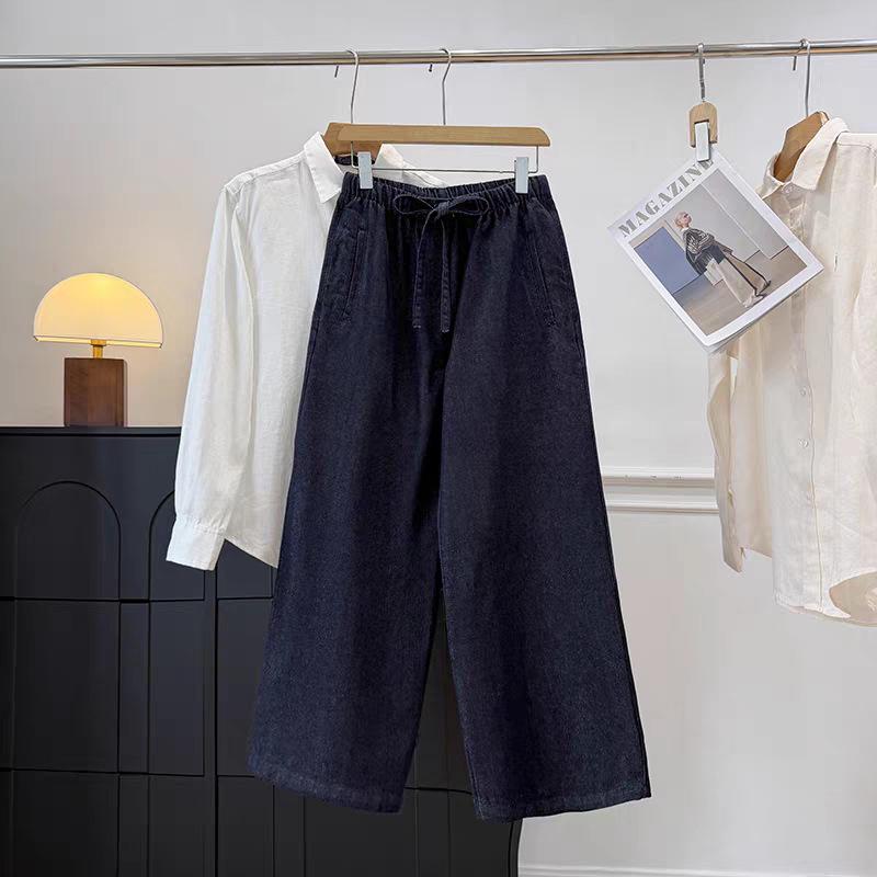 

Nordic Style Women s Retro Wide-Leg Cropped Pants with Drawcord Elastic Waist 32 темно-синий
