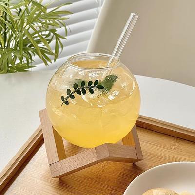 Cocktailglasbecher mit Holzständer Kreativer Mondförmiger Trinkbecher mit Strohhalm Weihnachtsbecher Eiskaffeebecher Trinkgeschirr