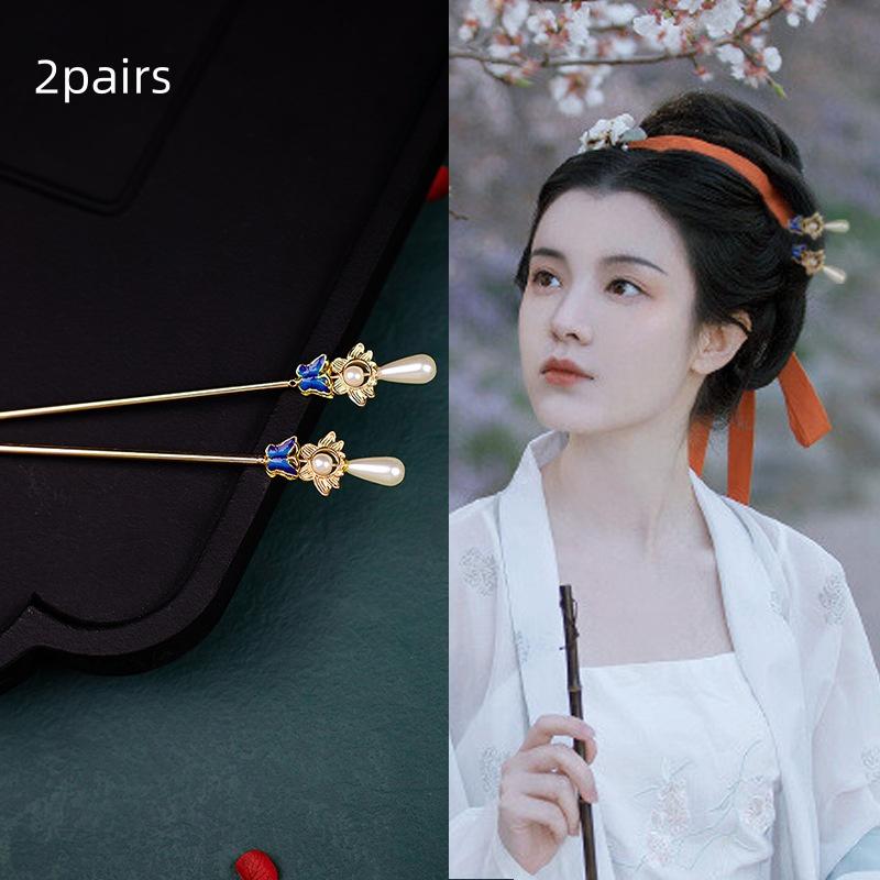 

2 пары Древняя китайская заколка для волос Жемчуг Классическая заколка для волос династии Тан Кисточка Элегантный цветок Гребень для волос