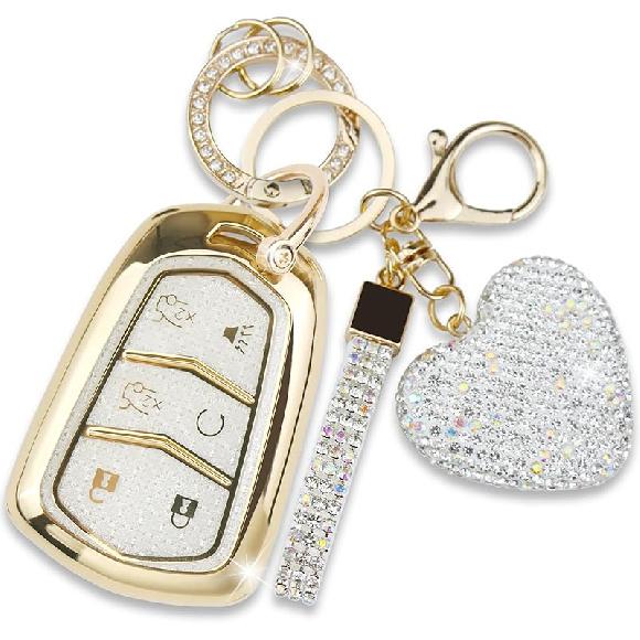 Compatible with Cadillac Key Fob Cover with Heart Keychain for Women, Compatible with 2015- Cadillac Escalade ESV ATS CTS STS SRX XT5 CT6 Smart золотой