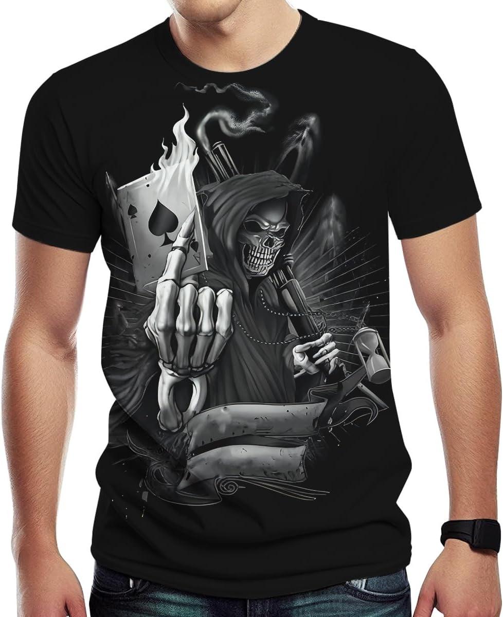 Mens 3D Poker Skull Graphic Tees Casual Short Sleeve T-Shirt Pattern Vintage Funny Casual Shirt S