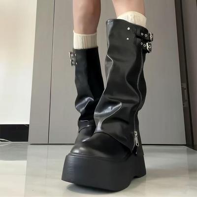 Zwarte Retro Kniehoge Plateau Laarzen voor Dames - Lente/Zomer 2025 Collectie