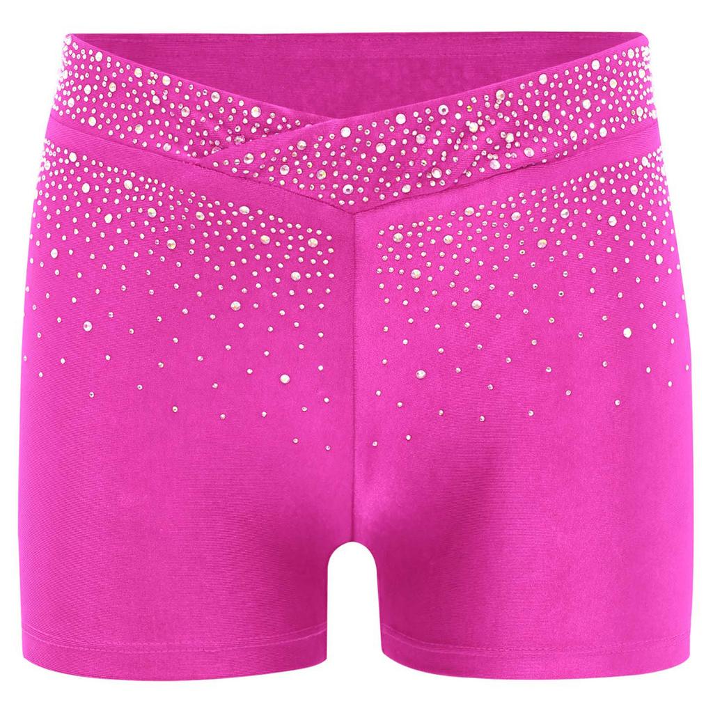 Kids Performance Shorts with Sparkling Rhinestones V-Front Elastic Waistband for Dance Gymnastics