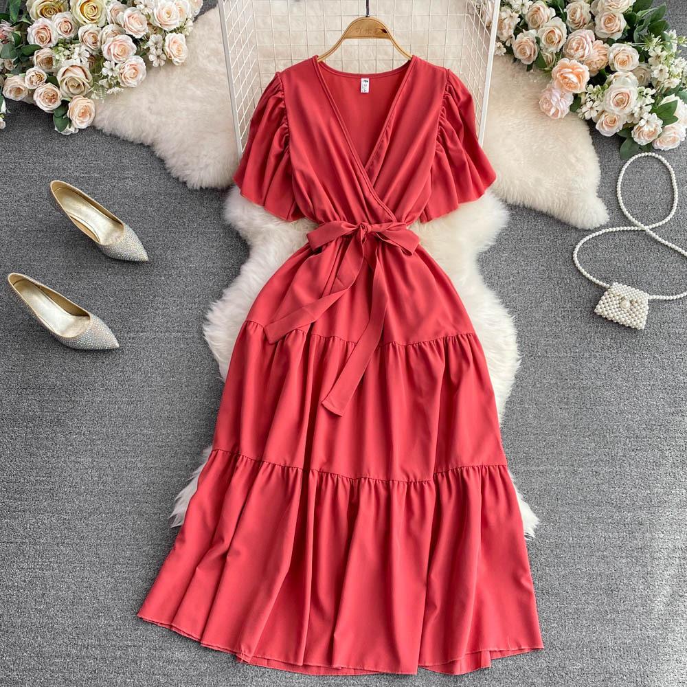 Summer gentle wind temperament V-neck bubble short-sleeved pleated waist thin a-word dress super fairy pendulum long skirt