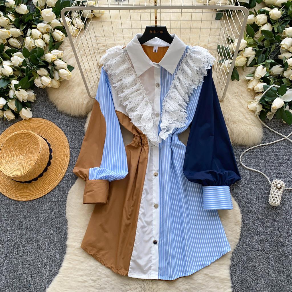 Retro Splicing Style Fake Two-piece Shirt Dress Women's Summer Long-sleeved Striped Waist Light Ripe Medium and Long Commuter Skirt