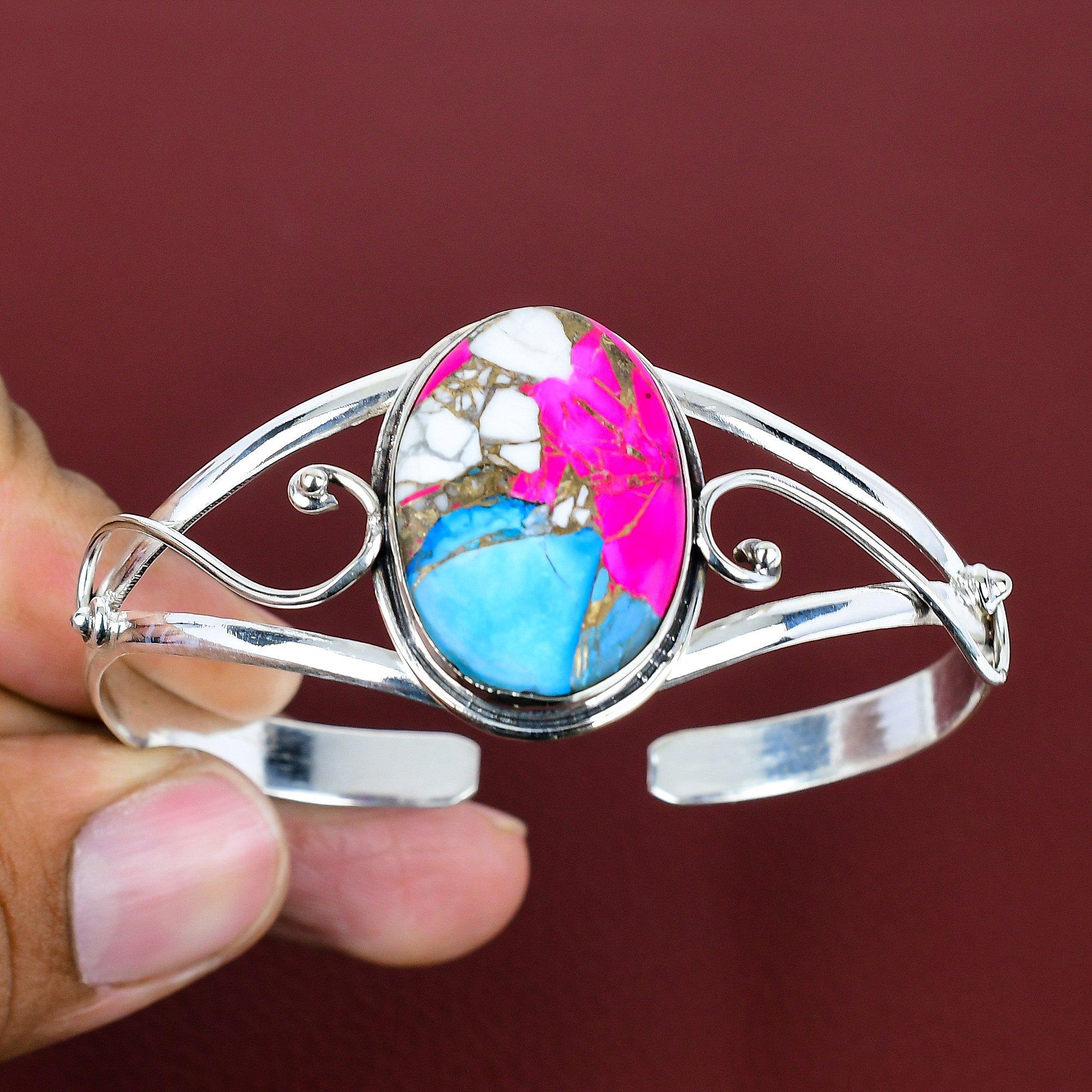 Cotton candy turquoise bangle 925 sterling silver adjustable cuff bracelet cotton candy turquoise gemstone jewelry handmade bangle for gifts Adjustable