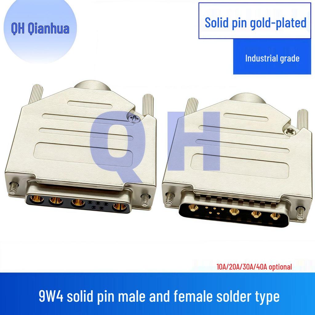 Gold-Plated 9W4 Male/Female Solid Pin High Current D-Sub Connector, Solder Type Plug