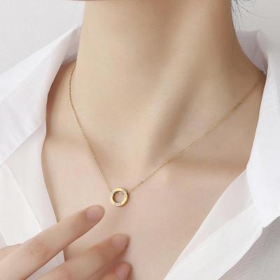 Korean Style Double-Sided Gold Circle Necklace for Women - Elegant and Simple Pendant On Collarbone Chain