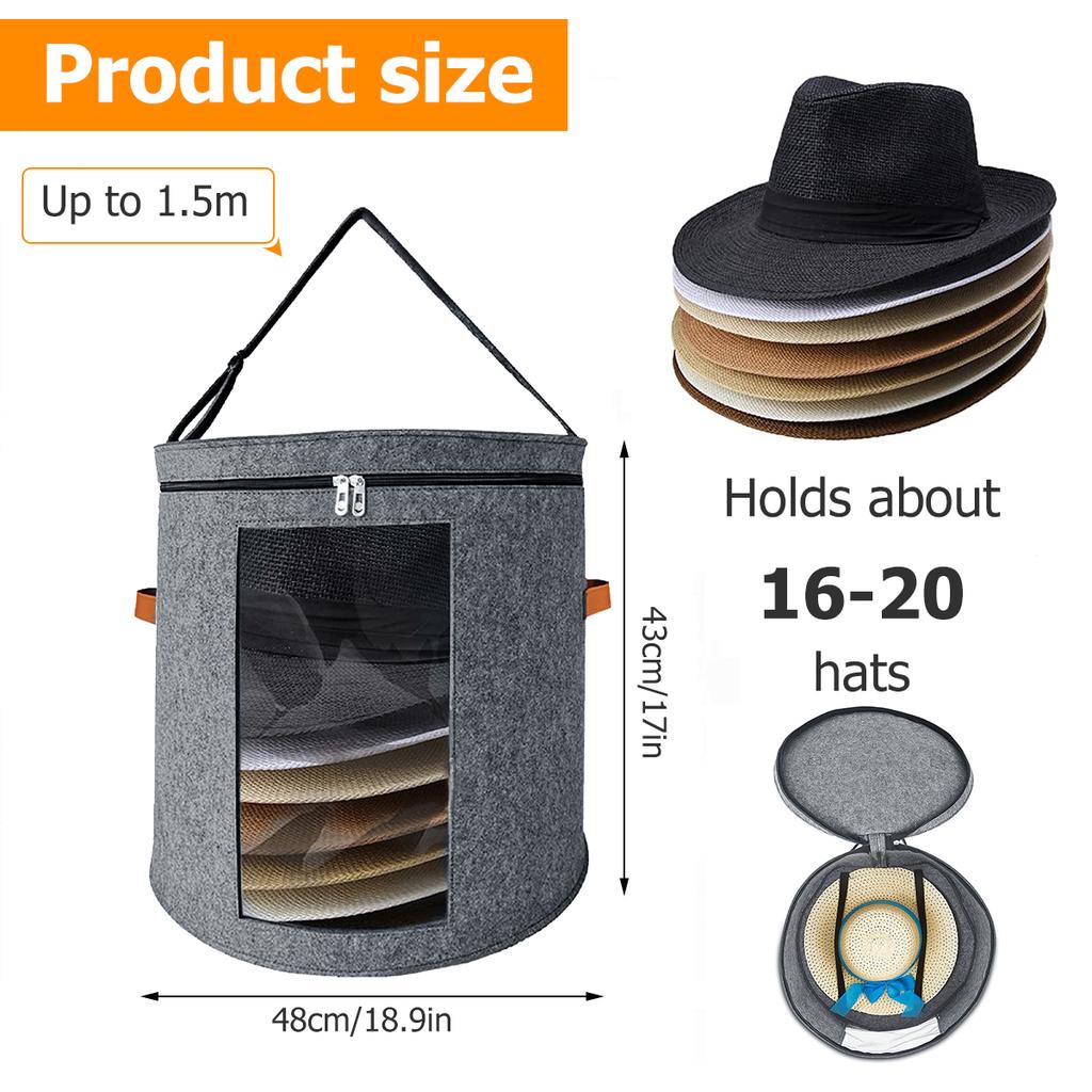 Hat Storage Box with Zippered Lid Clear Large Capacity Travel Hat Box Felt Round Hat Box Dustproof Foldable for Hat Clothes