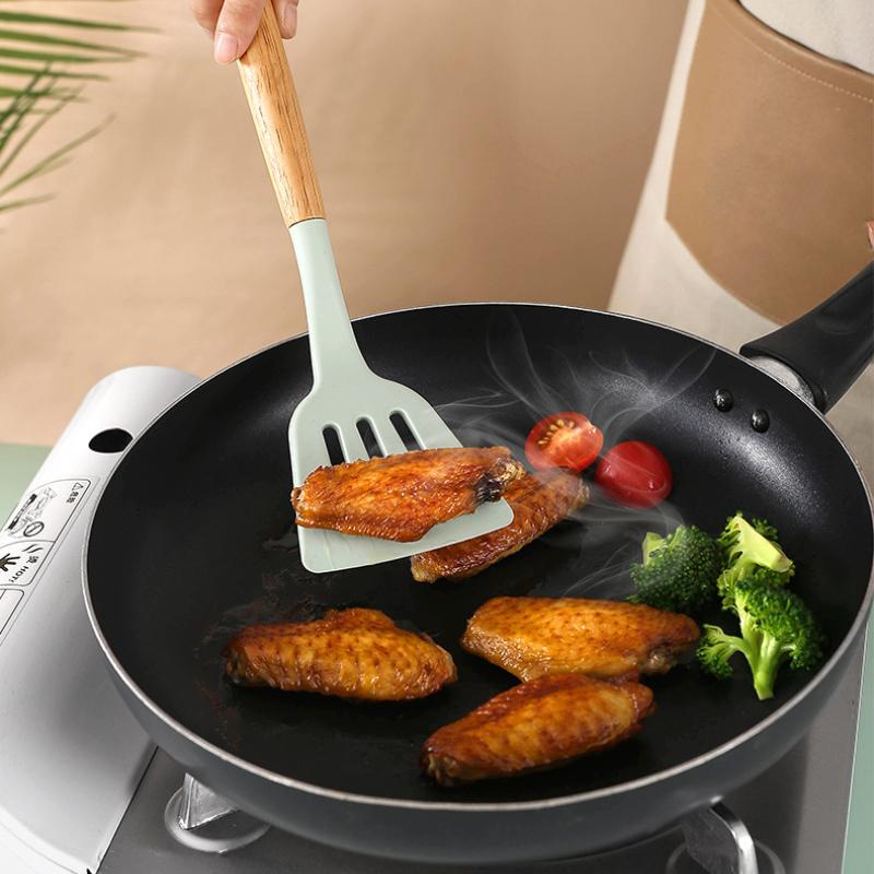 12Pcs Silicone Utensils Set Black Non-Stick Cookware Wooden Handle Spatula Shovel Egg Beaters Kitchenware Kitchen Accessories