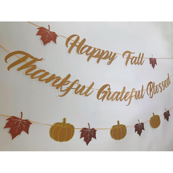 Fall Decorations Home Thanksgiving decor - Happy Fall and Blessed Grateful Thankful Banner with Pumpkin Maple Leaves Sign Garland Banner(Pre-Strung)