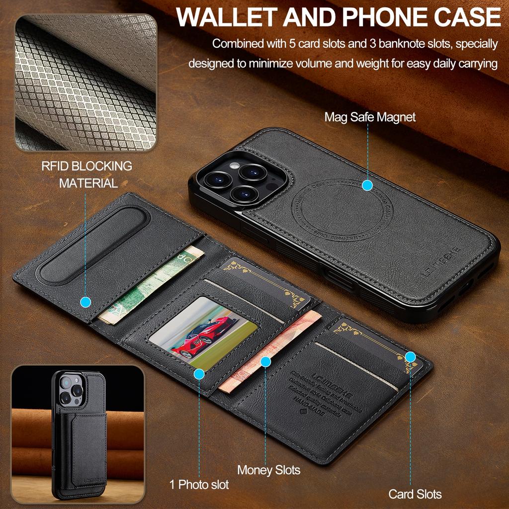 For iPhone 16 Pro Magnetic Phone Case Leather Back Cover with Detachable Card Holder