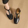 Fashion NEW Summer Women Sandals Split Leather Shoes for Women Square Toe Chunky Heel Shoes Retro Mid-heel Mary Janes Retro Black Shoes